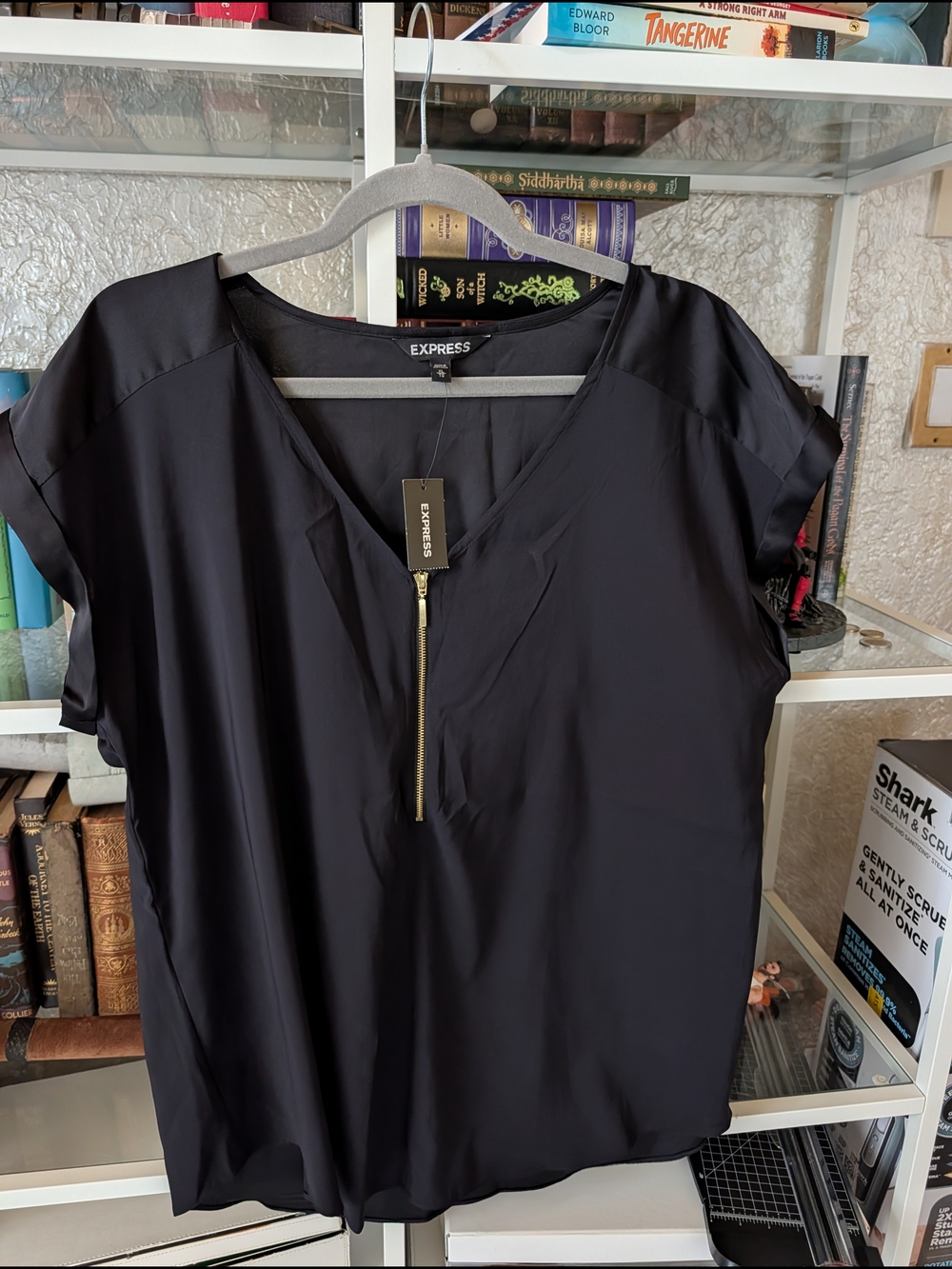 Express Black V-Neck Short Sleeve Top with Gold Zip